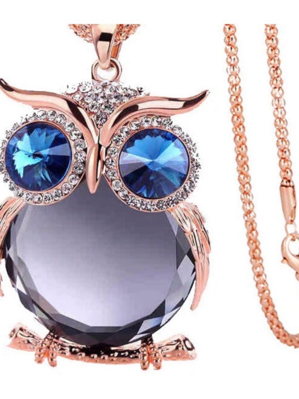 Rose Gold Owl Necklace with Blue Crystal Eyes
